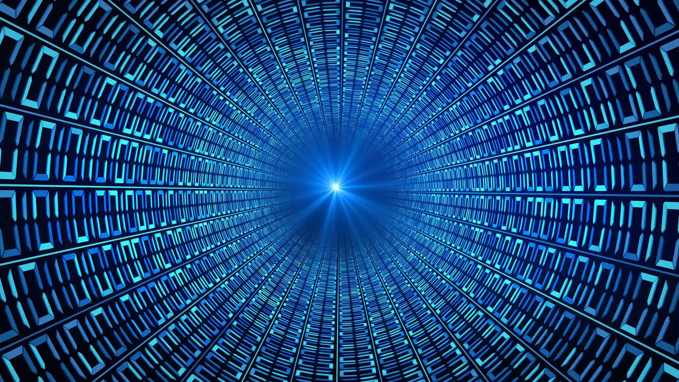 Binary code numbers in blue abstract speed motion in highway tunnel for technology background, digial data in computer. fast moving toward the light. 3d illustration