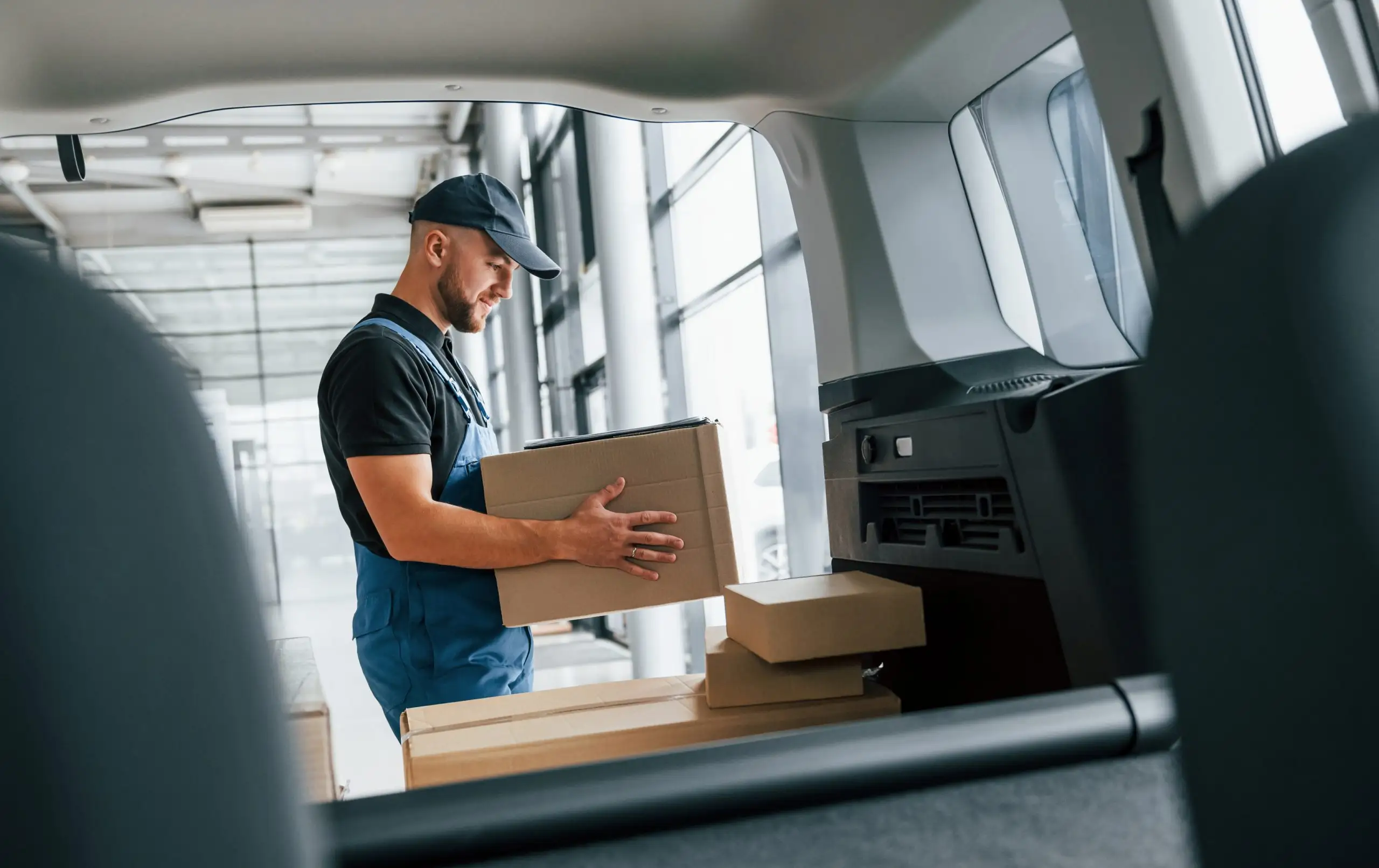 Delivery person holding a cardboard box